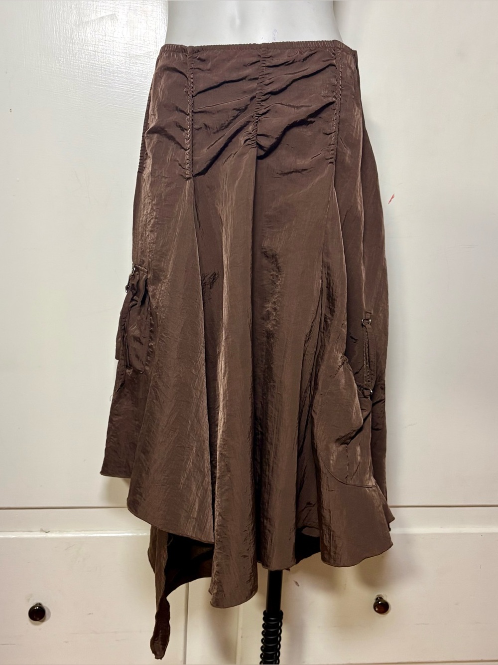 Vintage 90s Boston Proper Brown Nylon Cottagecore Fairycore Gathered Skirt